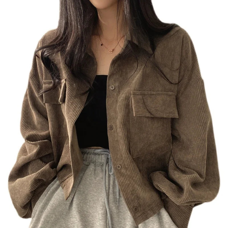Liu Ming Women's Vintage Autumn Winter Korean Fashion Blouse Corduroy Oversize with Loose Pockets Button Decoration Casual Style