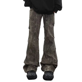 American Style Retro Distressed Wasteland Feng Shui Washed Pleated Micro Flared Jeans Men's High Street Wide Leg Pants Trend