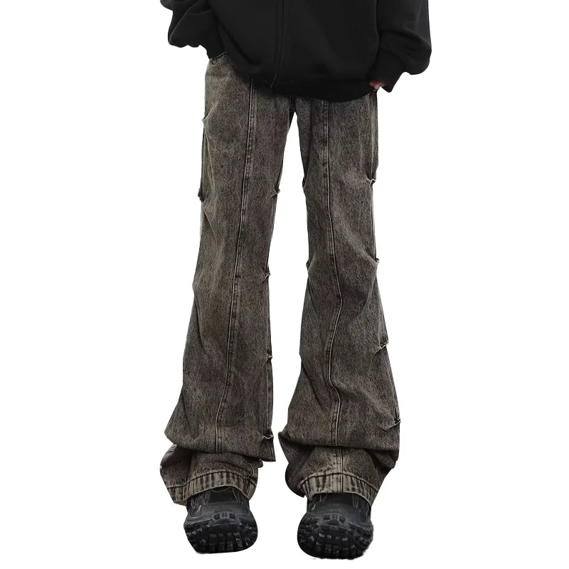 American Style Retro Distressed Wasteland Feng Shui Washed Pleated Micro Flared Jeans Men's High Street Wide Leg Pants Trend