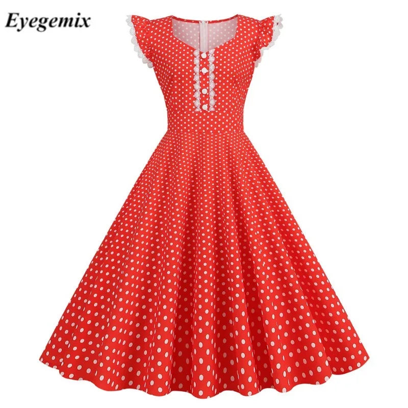 Vintage 50s 60s Women's Vintage Party Dress Lace Polka Dot Short Sleeve Hepburn Robe Pin up Rockabilly Dresses