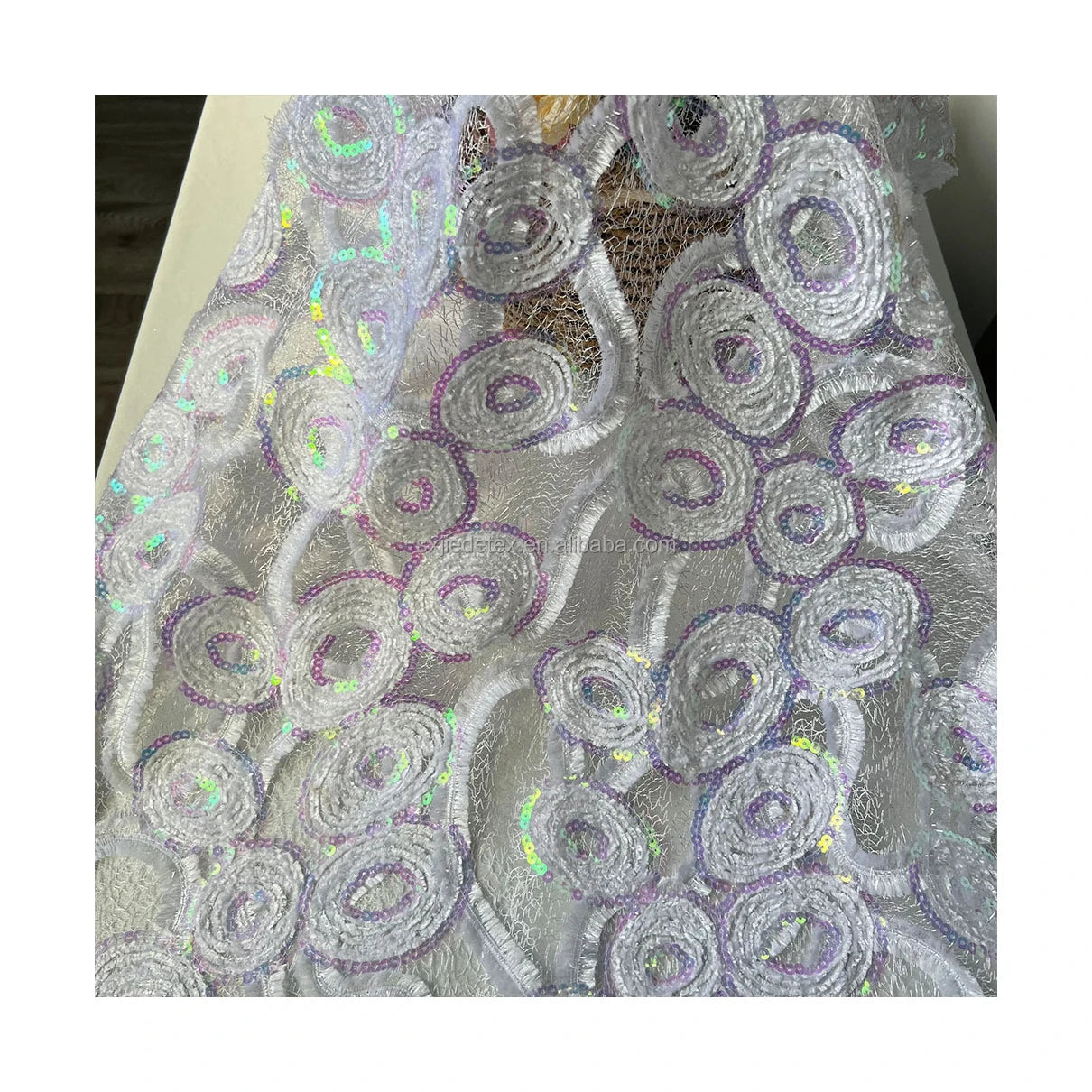 Wholesale 100% Polyester Oval Pattern Sequins 3d Embroidery French Tulle Lace Fabric White Mesh Fabric Embroidery
