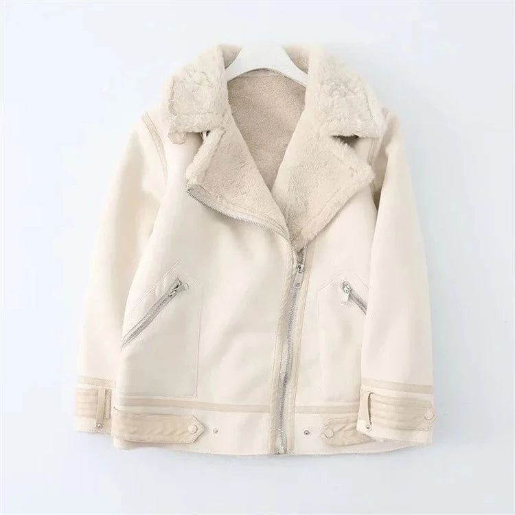 Winter New Style Artificial Rabbit Fur One Piece Coat Women Street Fashion Zipper Pocket Top