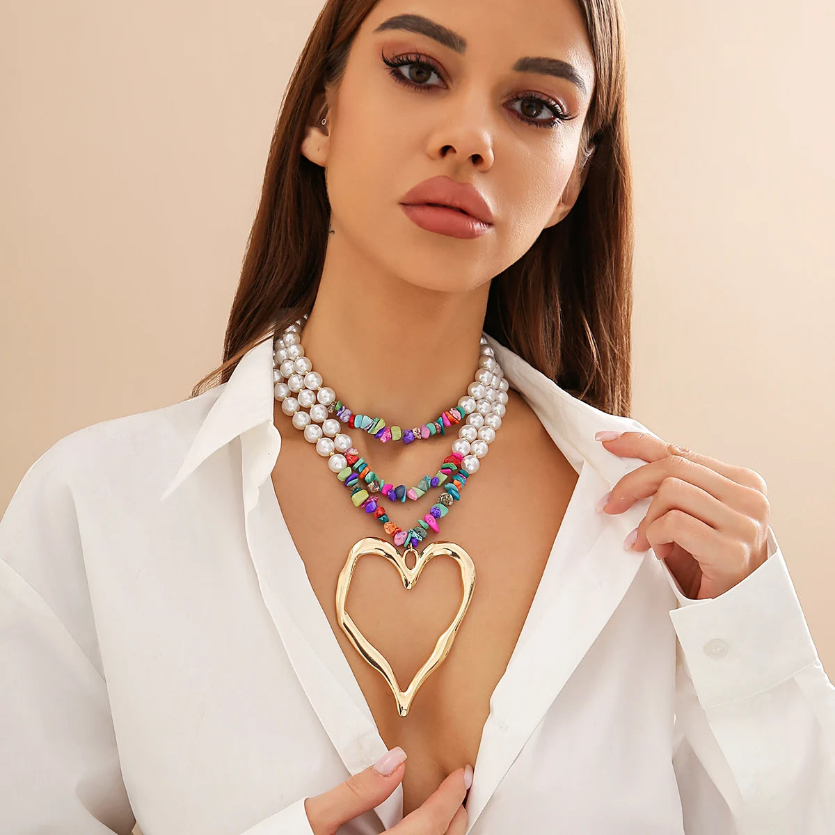 Exaggerated Big Love Heart Pendant Necklace for Women Multilayer Pearl and Stone Beads Chain Accessories on Neck Fashion Jewelry