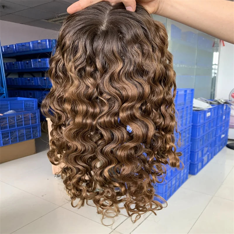 Natural Edge Line Brazilian Virgin Human Hair Blonde Permanent Curly Size 8X8 Inch Silk Top Flat Well Women Topper