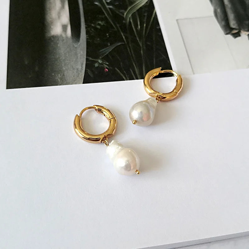 New Vintage Imitation Baroque Pearl Hoop Earrings Gold Circle Earrings for Women Jewelry