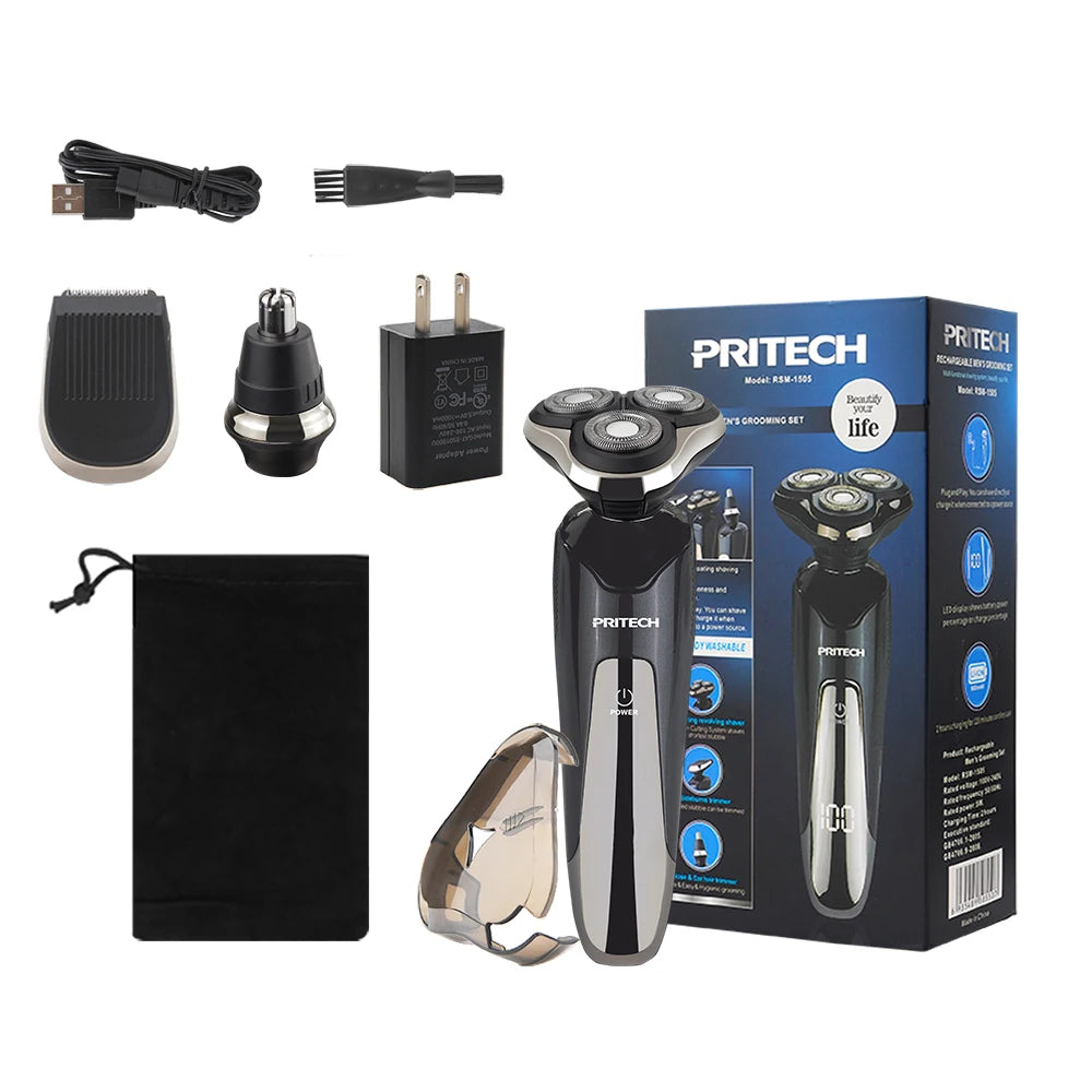 PRITECH Cordless 3D Rotary Shaver Professional Men's Hair & Nose Trimmer Set Plug & Play Smart LED Screen Razor with Adapter
