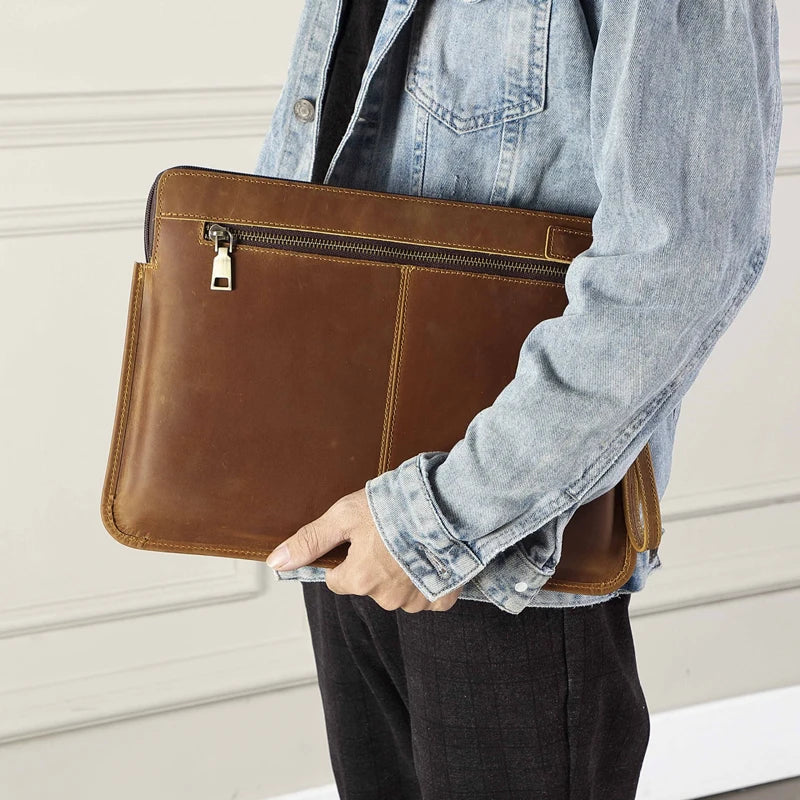 Genuine Leather Men's Bag Business Envelope Bag Crossbody Shoulder Bag Crazy Horse Head Layered Cowhide Tablet Computer