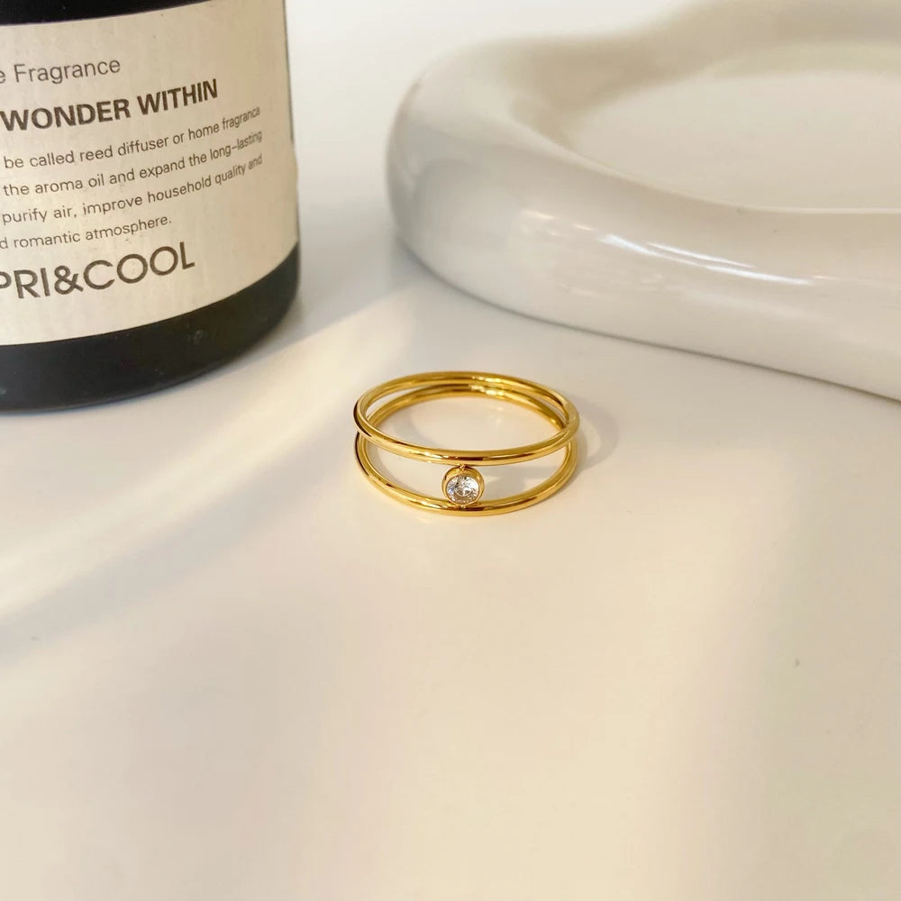 Fine Double Ring Fashion Jewelry Mini Zircon Stainless Steel Electroplated 18k Gold Ring