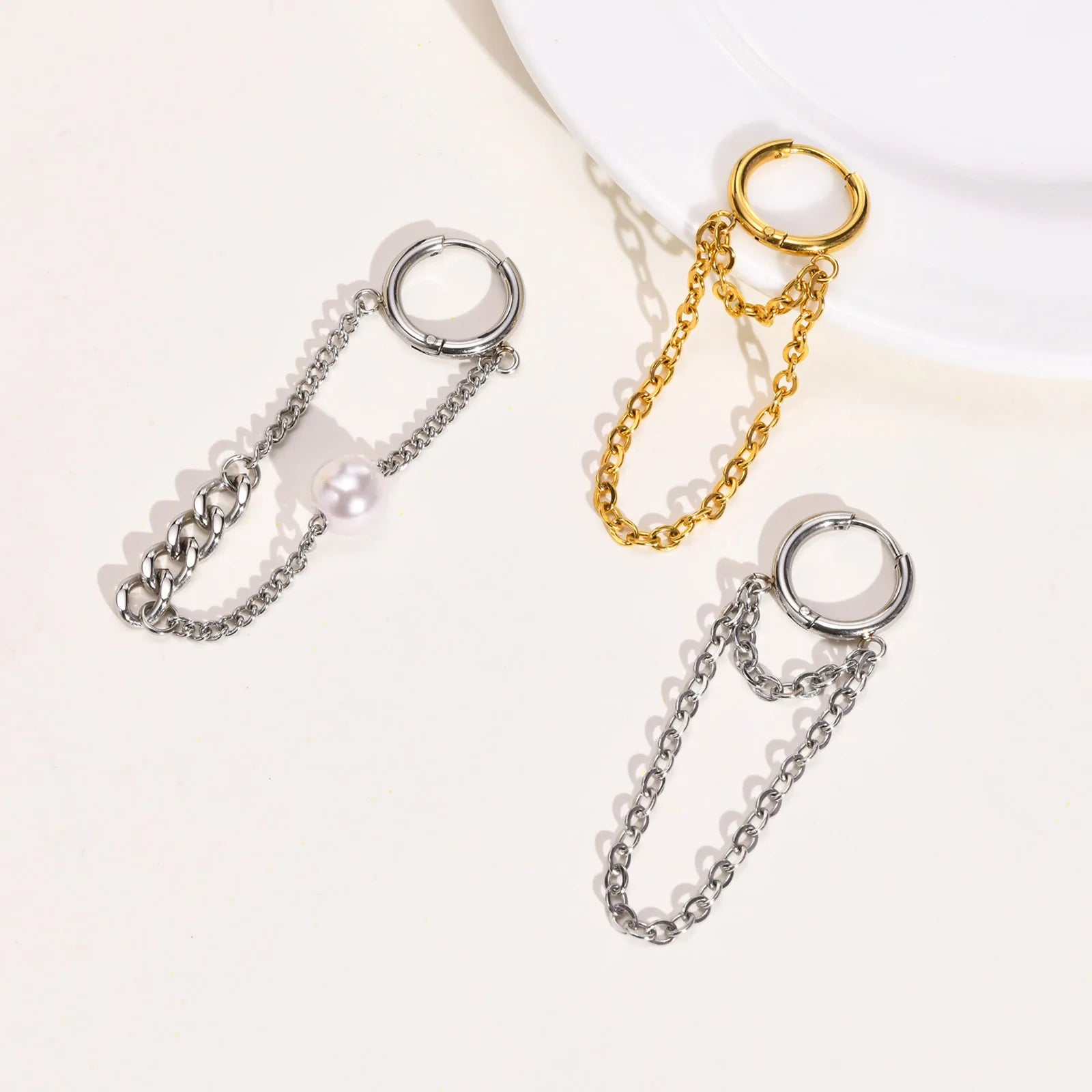 Titanium Steel Fashion Personality Earrings Women's Stainless Steel Chain Earrings Pearl Earrings