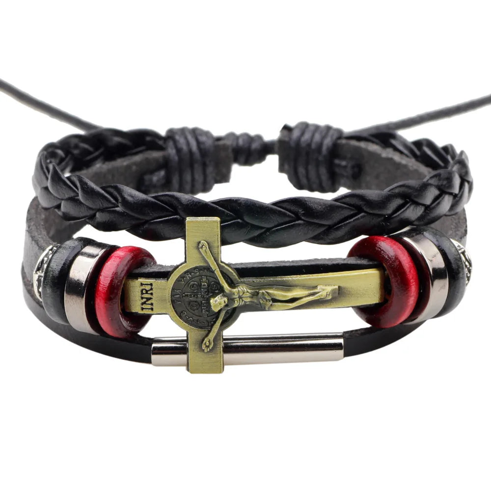 Hot Sale Jesus Cross PU Bracelet  Woven Bracelet Beads Leather Bracelet   Accessories for Men