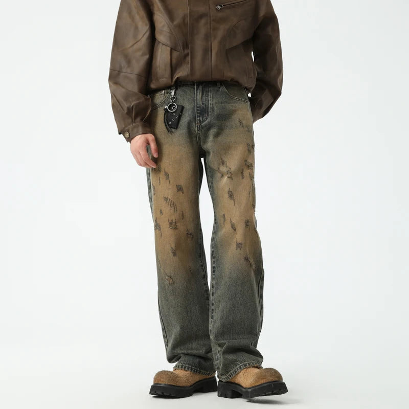 Ready to Ship Men Street Fashion Vintage   Distress Nostalgia Dye Faded Jeans Men Denim Washed Straight Wide Leg Designer Jeans