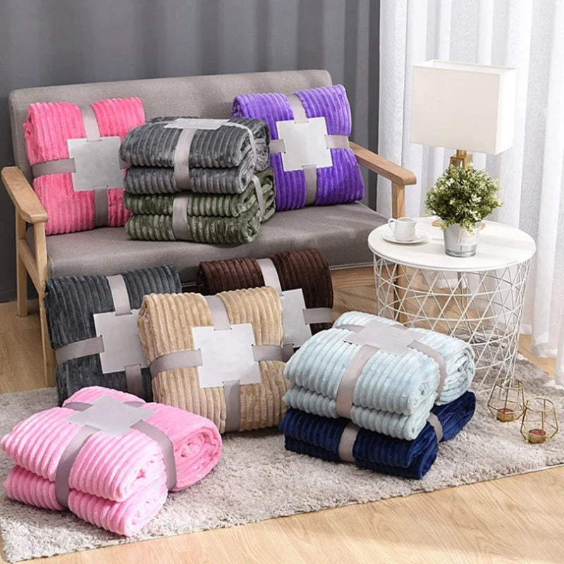 Lightweight Microfiber Flannel Blanket Thick Solid Color Velvet Flannel Throw for Sofa Plain Woven with Draw Strip Cut
