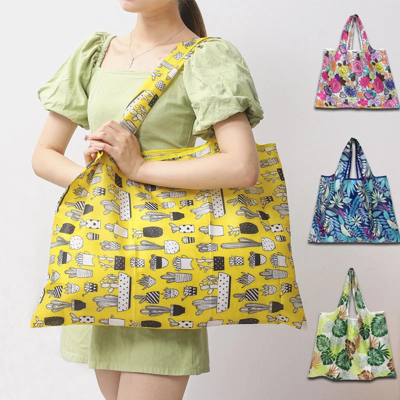 Fashion Print Waterproof 210D Grocery Tote Bag Monstera Reusable Grocery Bag Large Volume Strong Foldable Polyester Shopping Bag
