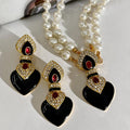 2023 New Arrival Fashion Jewelry French Black Red Full Diamond Heart Double Layer Pearl Necklace Heart Pendant Earrings Sets