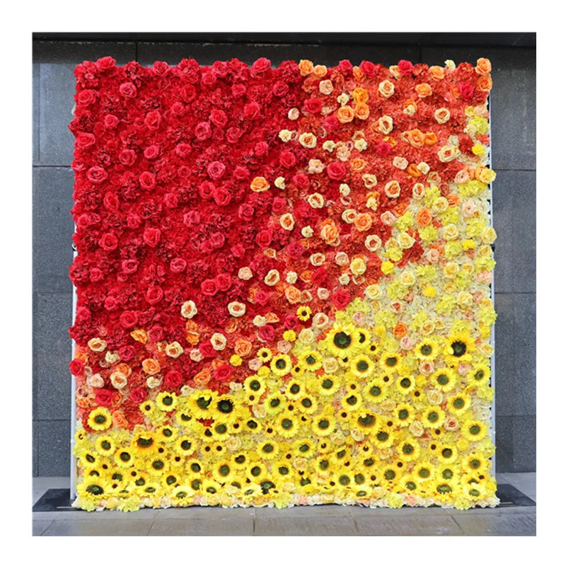 L07 Wedding Decor 8x8 Autumn Silk Rose Floral Panel Fall Orange Yellow 3D Roll up Cloth Artifical Sunflower Flower Wall Backdrop