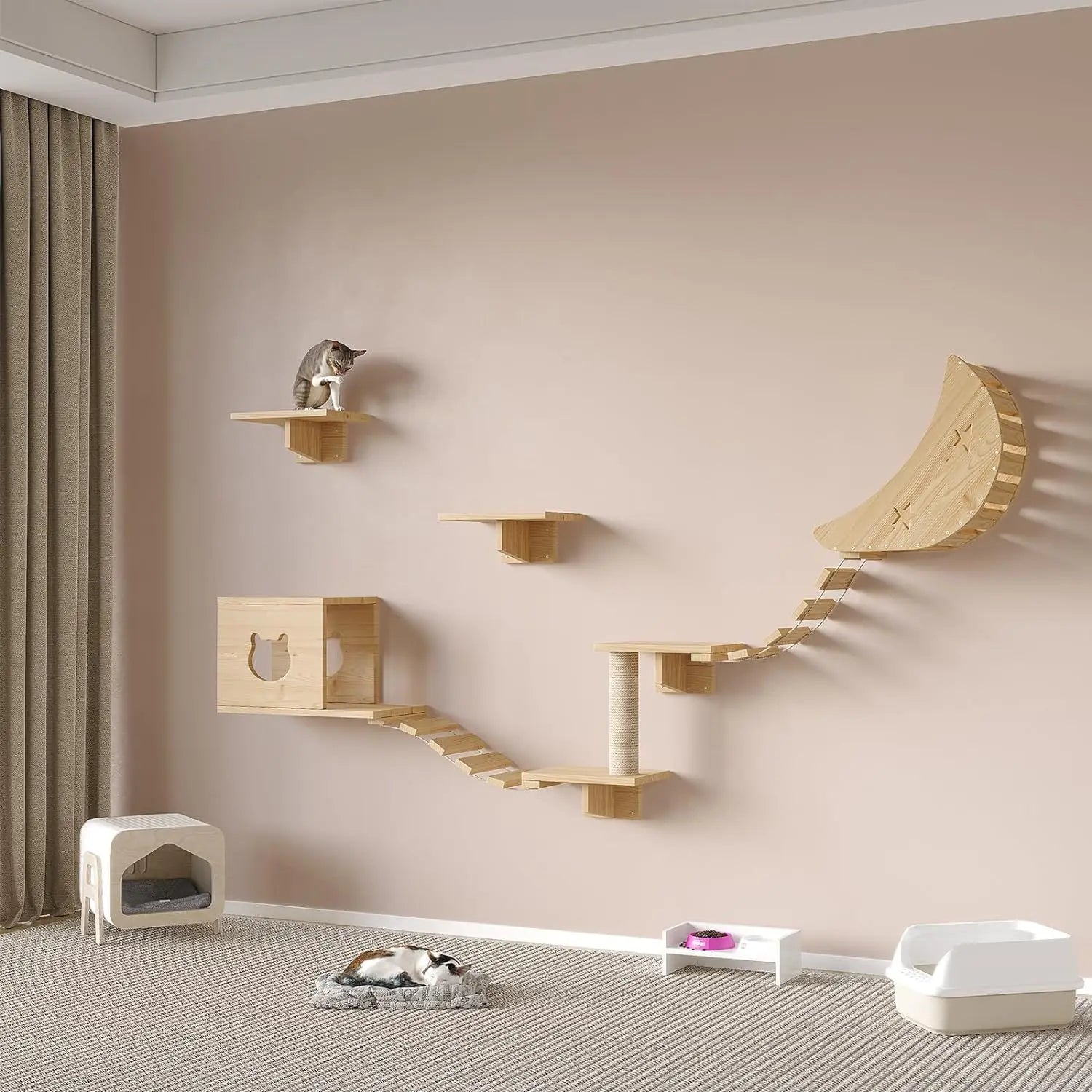 Solid Wood Wall-Mounted Cat Tree and Nest Space Capsule Integrated Pet Bed with Climbing Rack and Jumping Platform