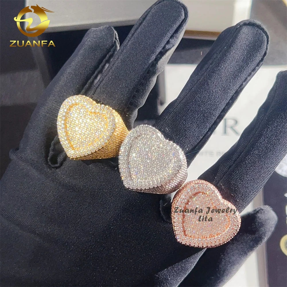 Fashion Popular Heart Style Iced Out GRA Certificate 925 Sterling Silver Hip Hop Moissanite Rings for Gift