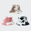Wholesale Custom Fuzzy Warm Fisherman Hat Winter Thickened Faux Rabbit Wool Fluffy Plush Fashion Cow Pattern Bucket Hat