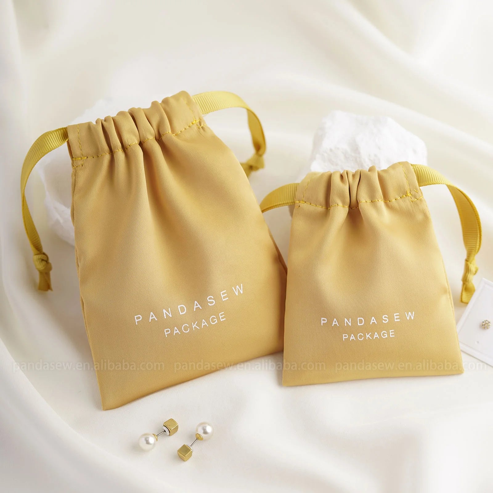 PandaSew Custom Logo Luxury Ginger Yellow Dense Silk Satin Drawstring Bag Pouch for Jewelry Cosmetic