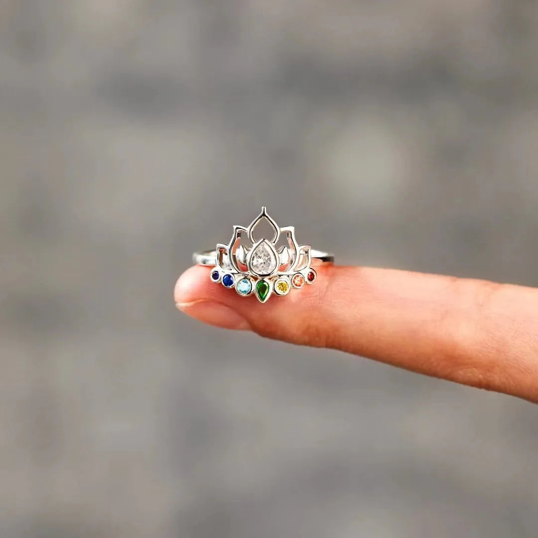 In Stocks! 925 Sterling Silver rainbow 7 Colorful Zircon Reborn Lotus Ring
