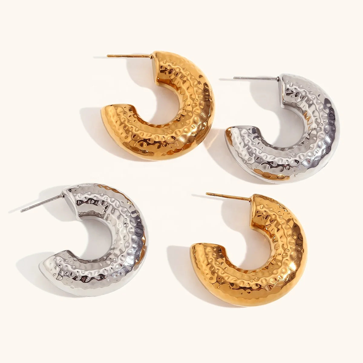 Dingran Minimalist Chunky Hammered Hollow Out Gold Plated Hoop Earrings Joyas De Acero Inoxidable Para Mujer