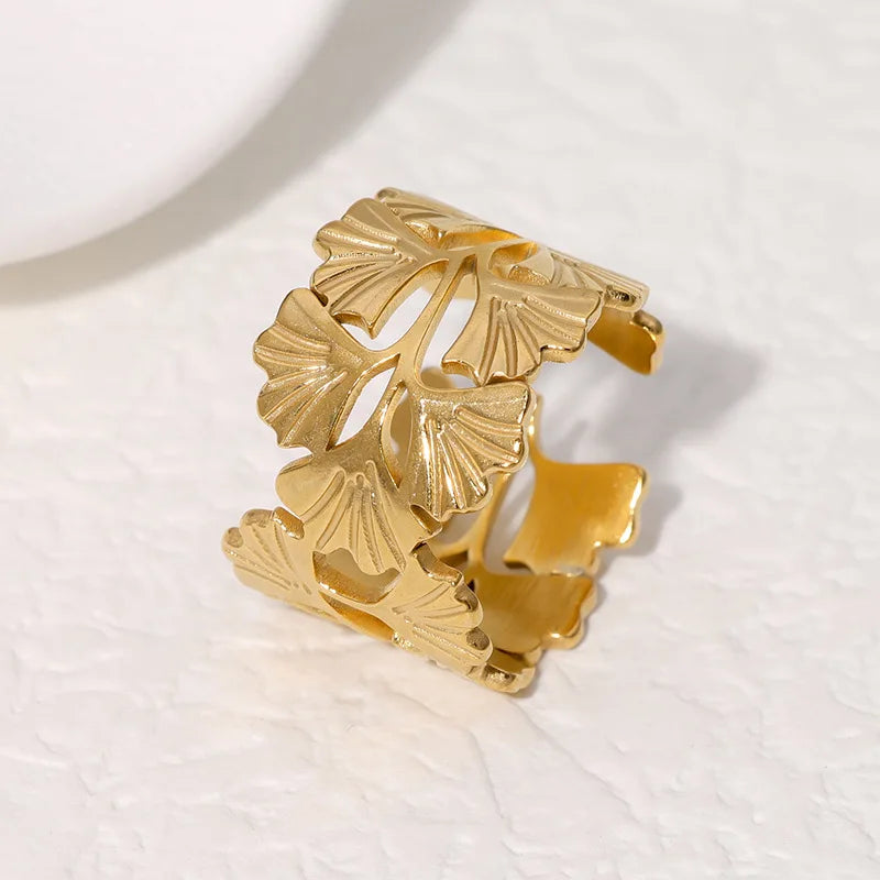 Beimai OEM Ring Simple Fresh Wide Ginkgo Leaf Stainless Steel Open Women Ring