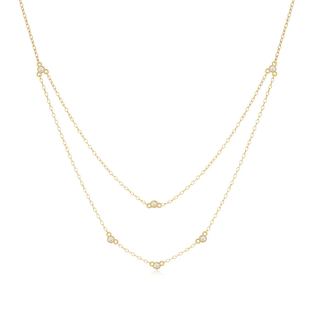 INS Fashion Round Zircon Jewelry 925 Sterling Silver Two Layer Long Tassel Chain Gold Plated Clavicle Necklace Jewelry for Women