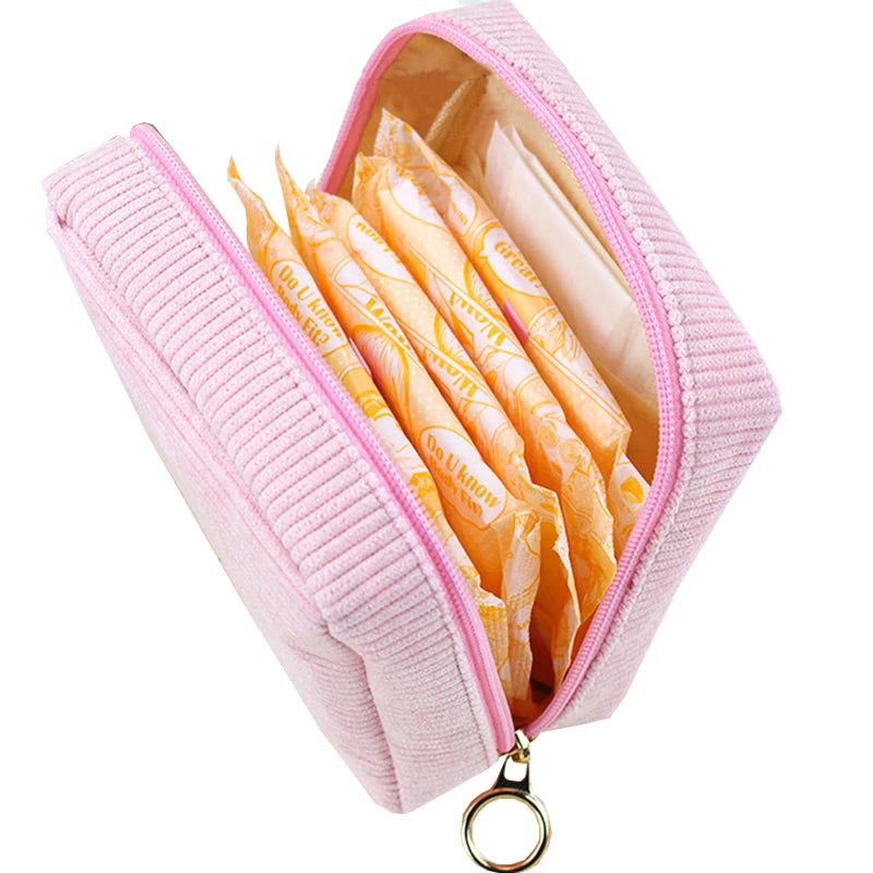Soft Stock Makeup Bag Portable Menstrual Pad Tampon Holder Period Toiletry Cosmetic Bag Corduroy Sanitary Napkin Storage Bag