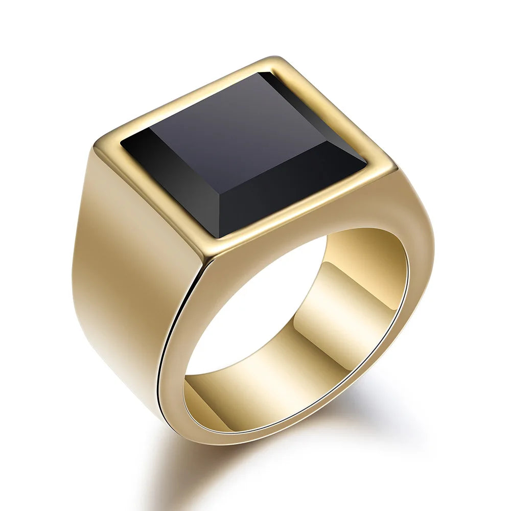 Wholesale Men'S Gold Silver Ring Geometric Black Stone Metal Inlaid Ring Crystal Gem Glass Ring for Men