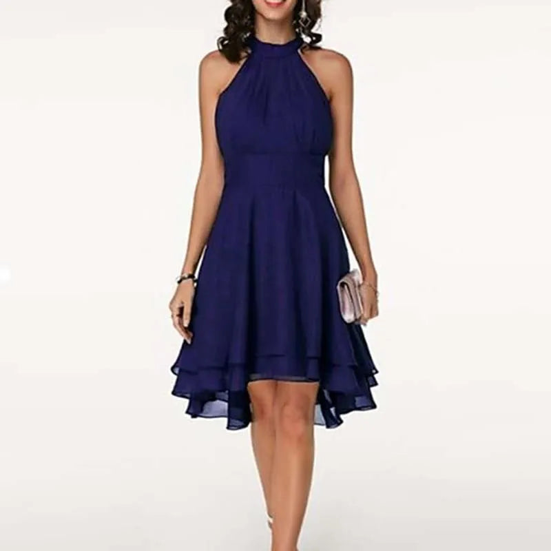 OEM LOGO ODM  3XL 4XL Plus Large Size High Waist Halter Sleeveless Midi Dresses Solid Color Chiffon Party Slim Dress