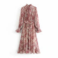 Ruffle Neck and Sleeve Floral Printed Women Vintage Long Dress With Belt