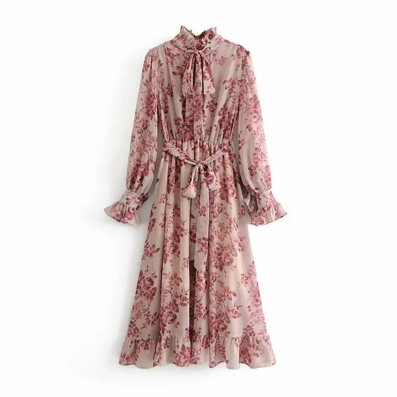 Ruffle Neck and Sleeve Floral Printed Women Vintage Long Dress With Belt