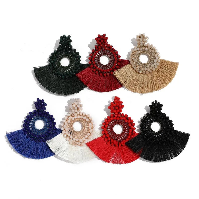 Retro Womens Bohemian Creative Exaggerate Earrings Hand-woven Handmade Crystal Beaded Tassel Fringe Thread Elegant Stud Earrings
