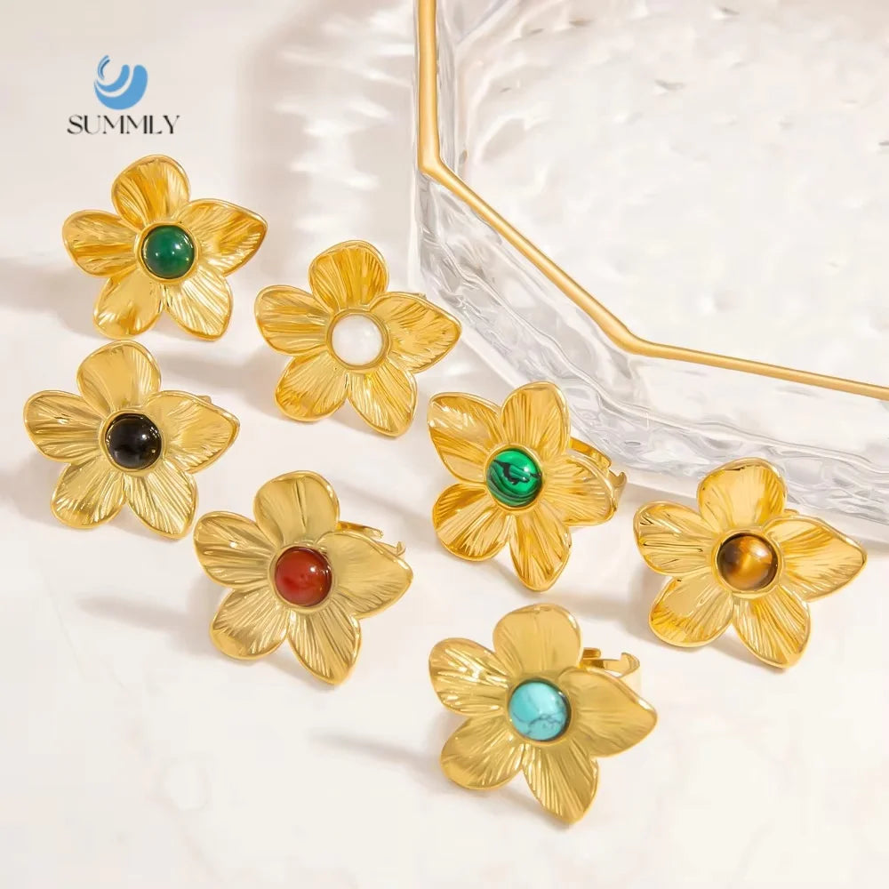 SUMMLY Retro Trend Wholesale Luxury Creative Natural Stone Flower Shape 18K Gold Plated Stainless Steel Open Ring