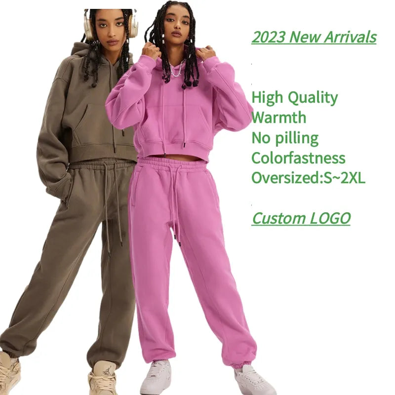 Custom Design Zip Tracksuits Crop Hoodie 2 Two Piece Sweatpants Set Custom Fashion Hoodie Sweatsuit Jogger Sets Women