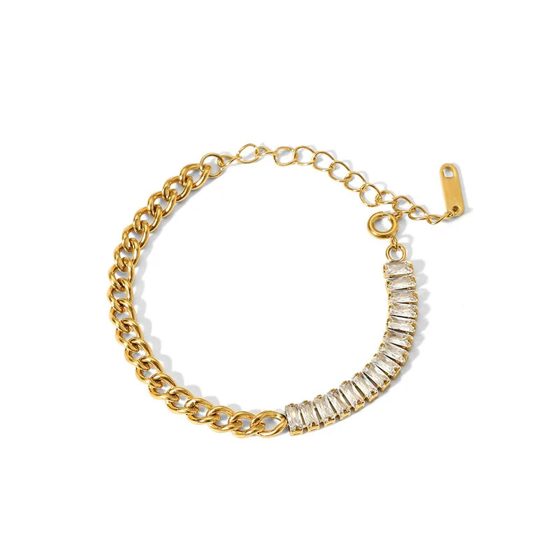 High Quality Trendy Cuban 18k Gold Plated Stainless Steel Jewelry Fashion Square Zircon Chain Bracelet