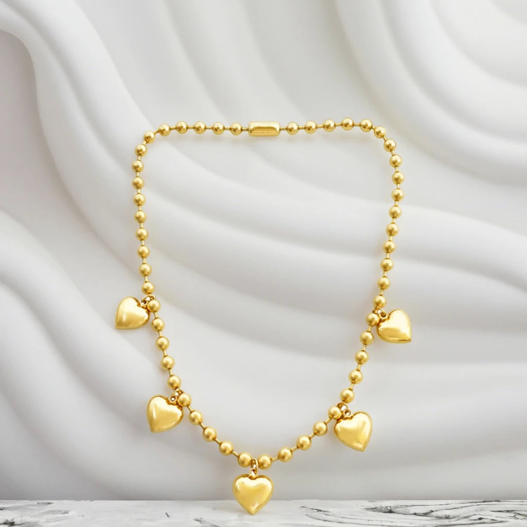 Punk Gold Plated Chunky Beaded Heart Pendant Necklace Women's Link Chain Neck Accessory Necklace for Girls