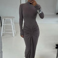 Fashionable Solid Color Long Sleeve Casual Slip Midi Classic Elegant Dresses Women