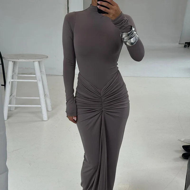 Fashionable Solid Color Long Sleeve Casual Slip Midi Classic Elegant Dresses Women