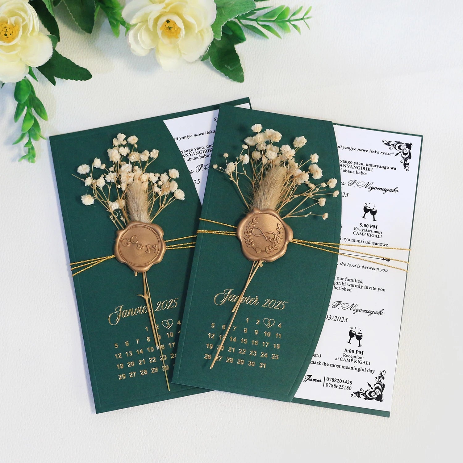 Custom Luxury 5*7 Inches Wedding Invitation Paper Cards with Match Envelope Cover With Wax Seal & Dried Flowers