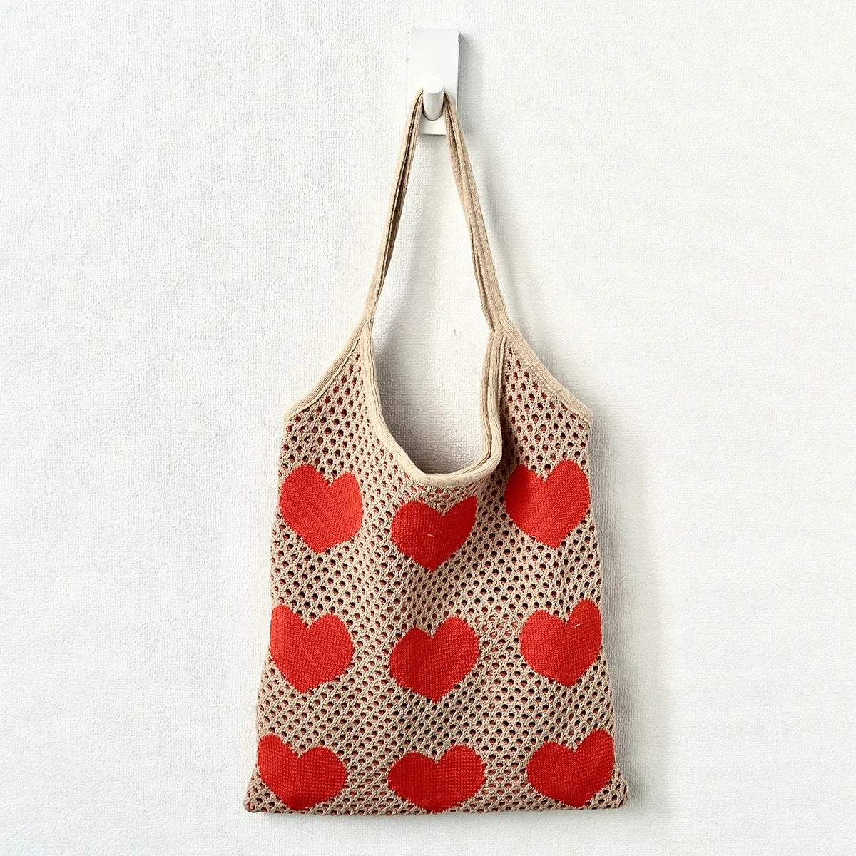2023 New Style Women's Portable Tote Bags Hollow Mesh Knitted Beach Bags with Open Closure Heart Design Reusable Shopping Bags