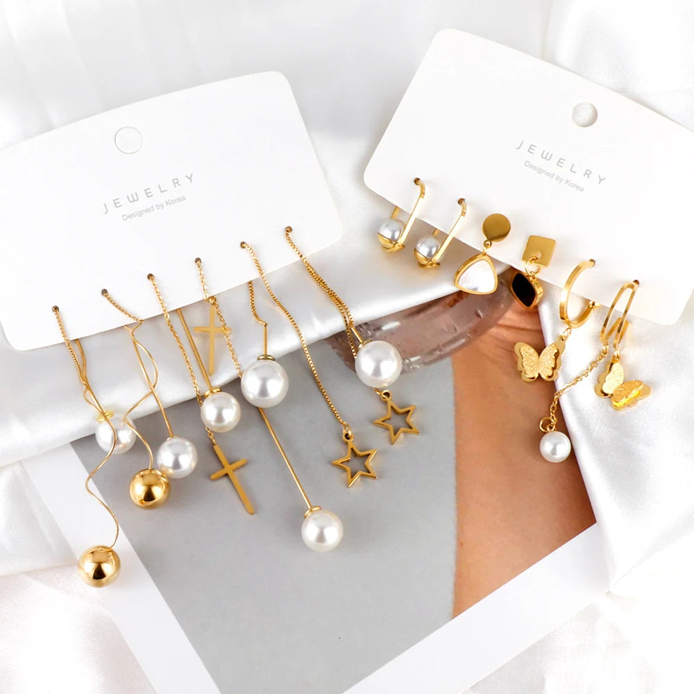 Ason New Arrival Pearl 18K Gold Plated Luxury Drop Earrings  Women Stainless Steel Body Jewelry