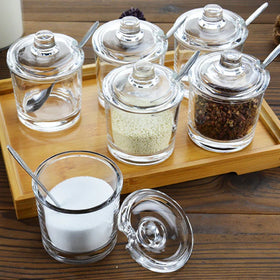 Small Glass With Spoon Home Kitchen Seasoning Salt Spice Jar Container Bottle