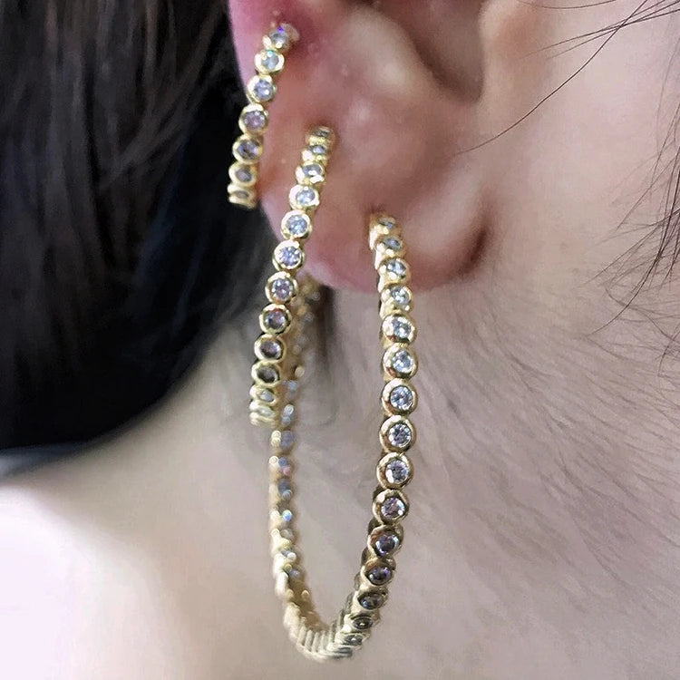 EC1637 Large 18K Gold Plated Crystal CZ Zircon Circle Hoop EarringsSimple Diamond CZ Cubic Zirconia Hoops Earring for Women