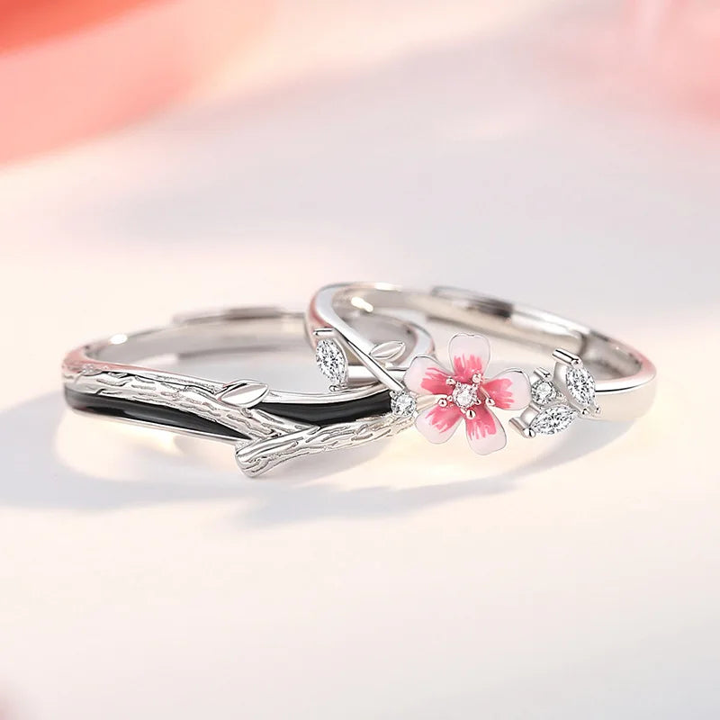 Anillo De Acero Inoxidable Platinum Plated Couple Wedding Ring Opening Adjustable Branch Peach Flower Bridal Rings Couple Set