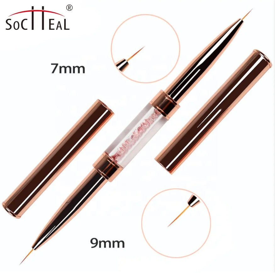 Socheal 1 PC Rose Gold Double Head Rhinestone Crystal Metal Nail Art Liner Brush Carved Crystal Line Drawing Pen