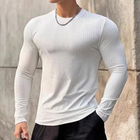 Mens Stripe T-shirt Fitness Bodybuilding Tight Shirt Customized Round Neck Long Sleeve Sports T Shirt for Men