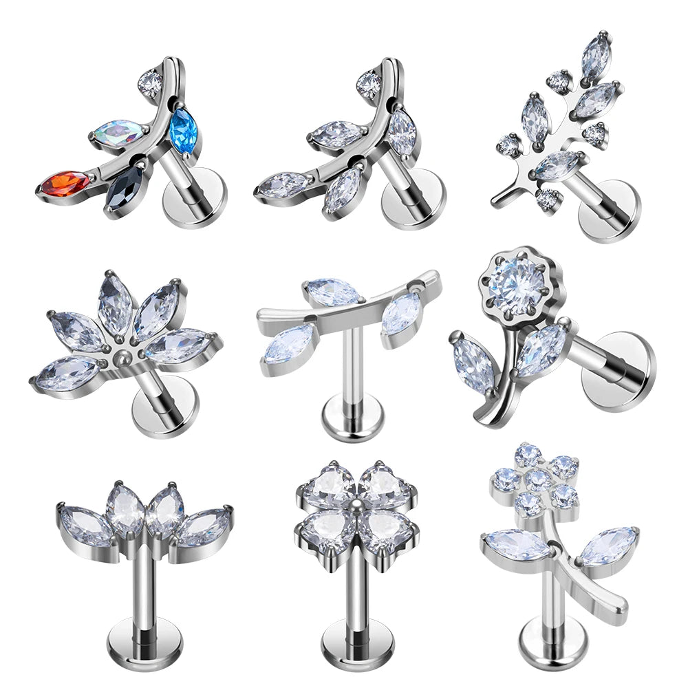 Wholesale ASTM F136 Titanium 16G Internal Thread Flower Leaf Shape CZ Inlay Nose Stud Cartilage Helix Earrings  Piercing Jewelry
