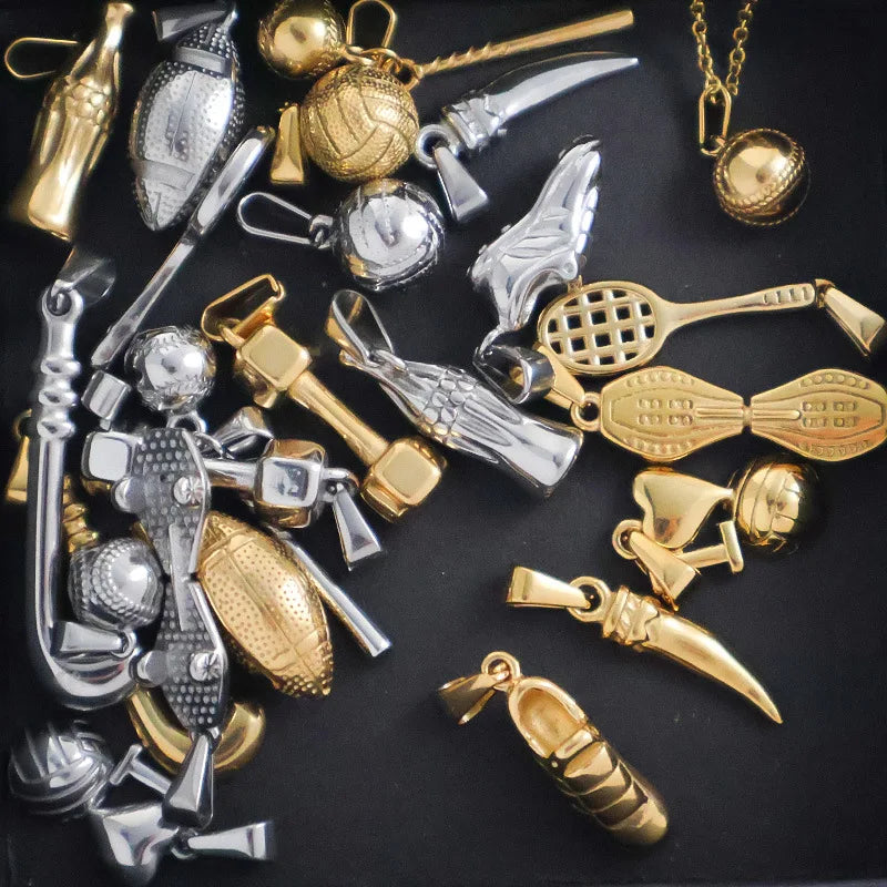 Wholesale 18K PVD Gold Plated Stainless Steel Women's Sports Pendants Princess Cut Pearl Soccer Basketball Tennis Golf Charms