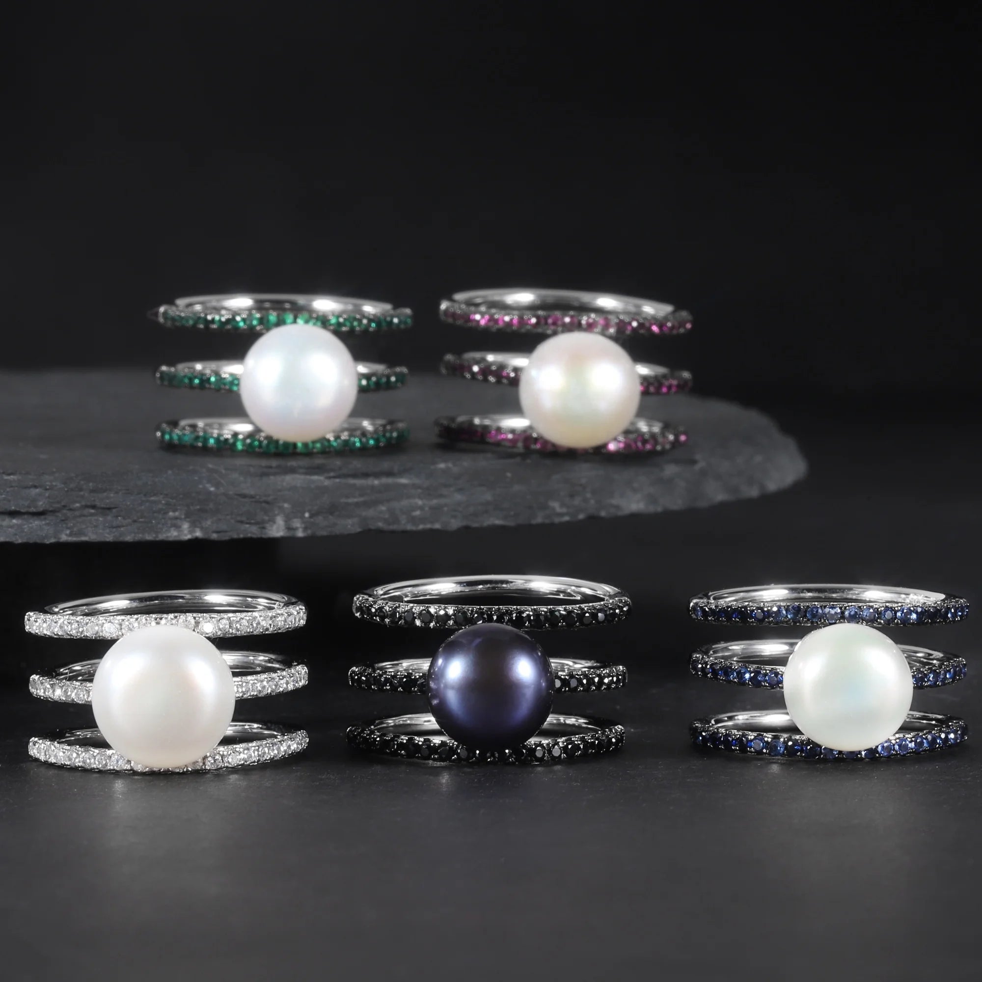 C5160 Abiding 925 Silver 3 Layer Gemstone Women Triple Row Half PavÃ© Engagement Ring Round Freshwater Pearl Eternity Band
